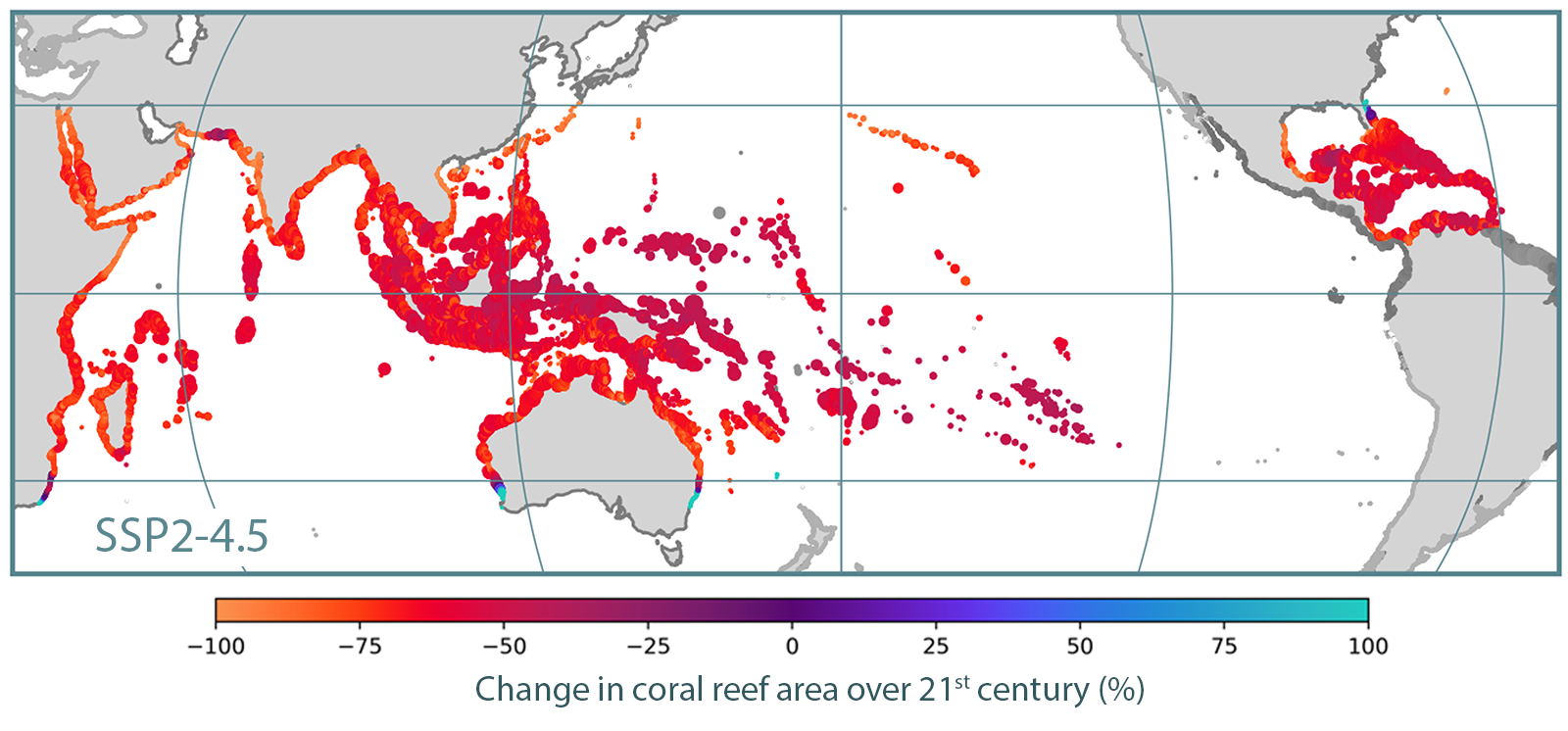 Map showing percentage change in coral reef area globally under SSP2-4.5 scenario, mostly showing declines.