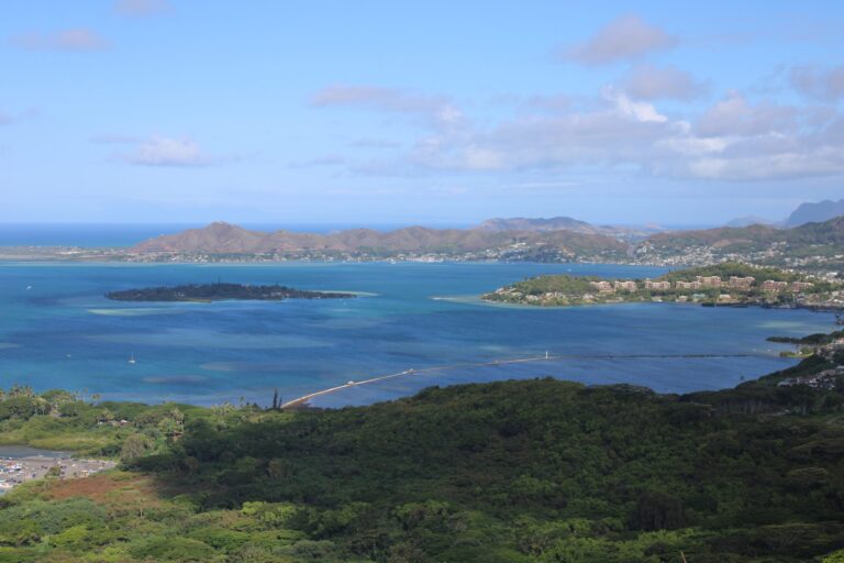 A scenic view of a blue bay with green islands, distant mountains, and a partly cloudy sky.