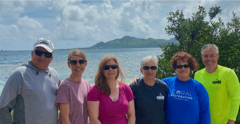 Six people in casual clothes stand smiling by the ocean with a green island and cloudy sky in the background.