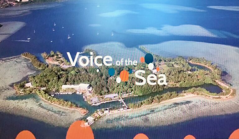Aerial view of an island with blue water and text reading "Voice of the Sea" over the image.