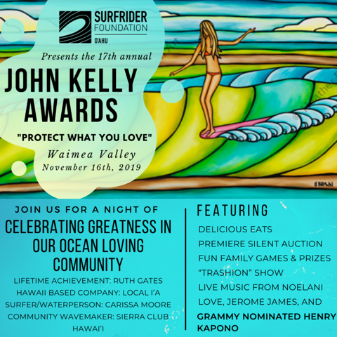 Colorful poster for the John Kelly Awards with a painted surfer and event details for November 16, 2019 in Waimea Valley.
