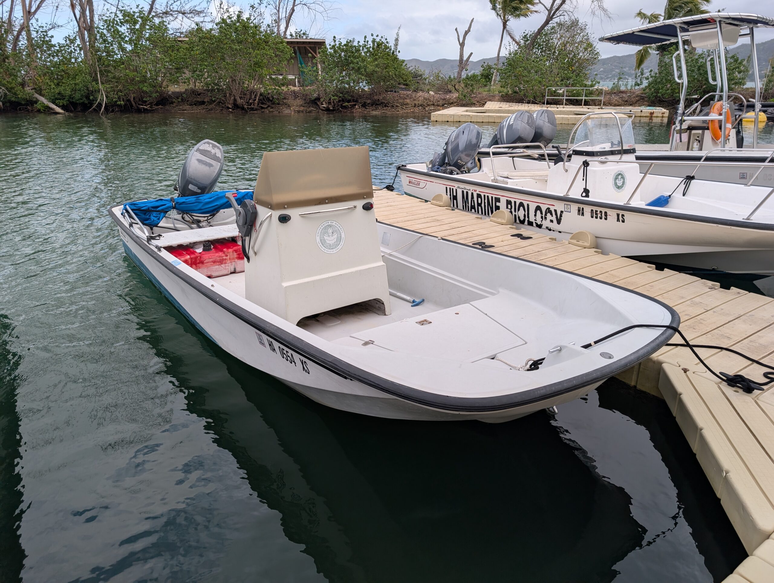 Small white motorboat docked near another boat labeled "Marine Biology" beside a wooden pier on calm water.