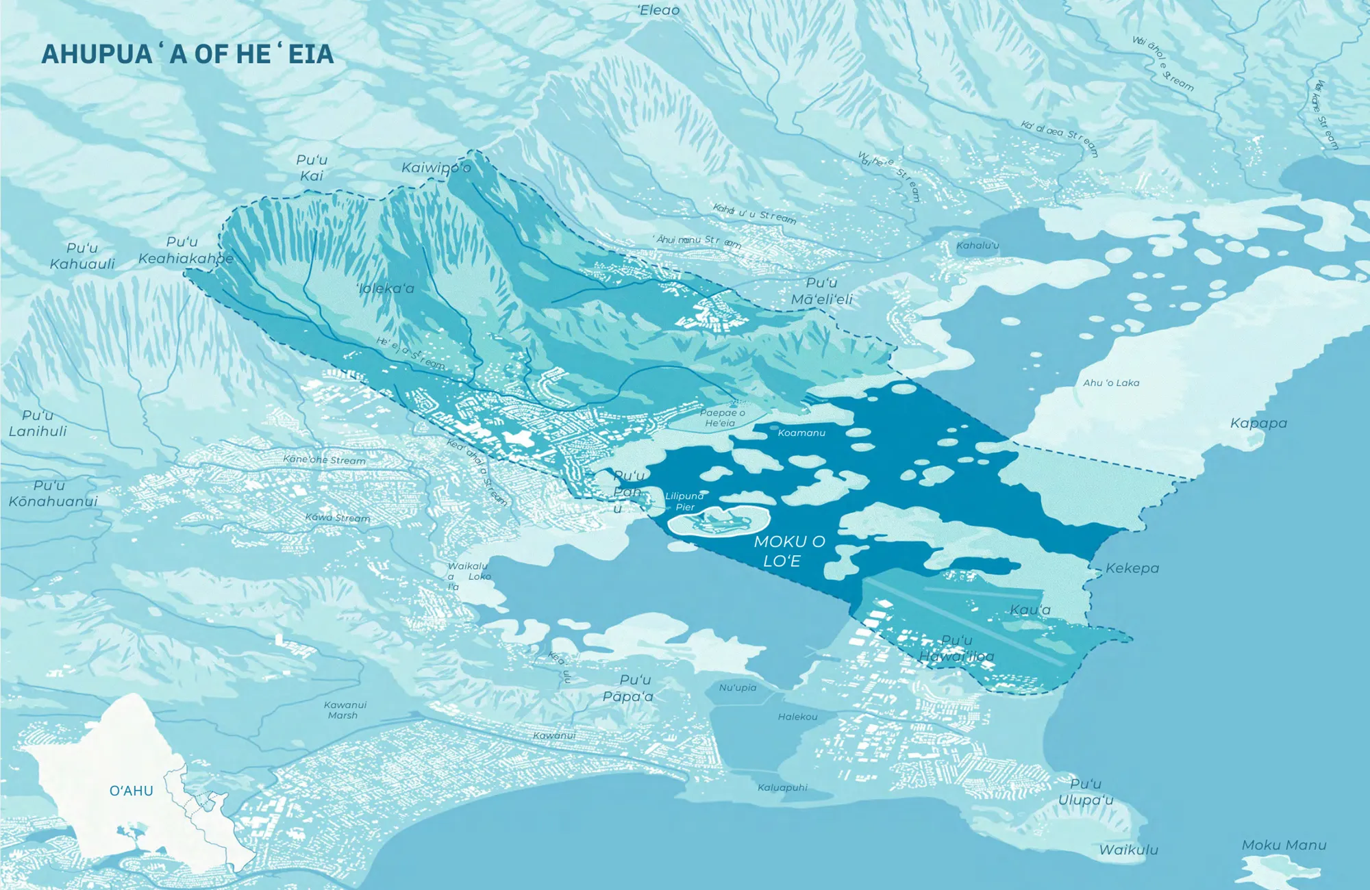 A blue-toned illustrated map showing the Ahupua‘a of He‘eia on O‘ahu with labeled land and water areas.
