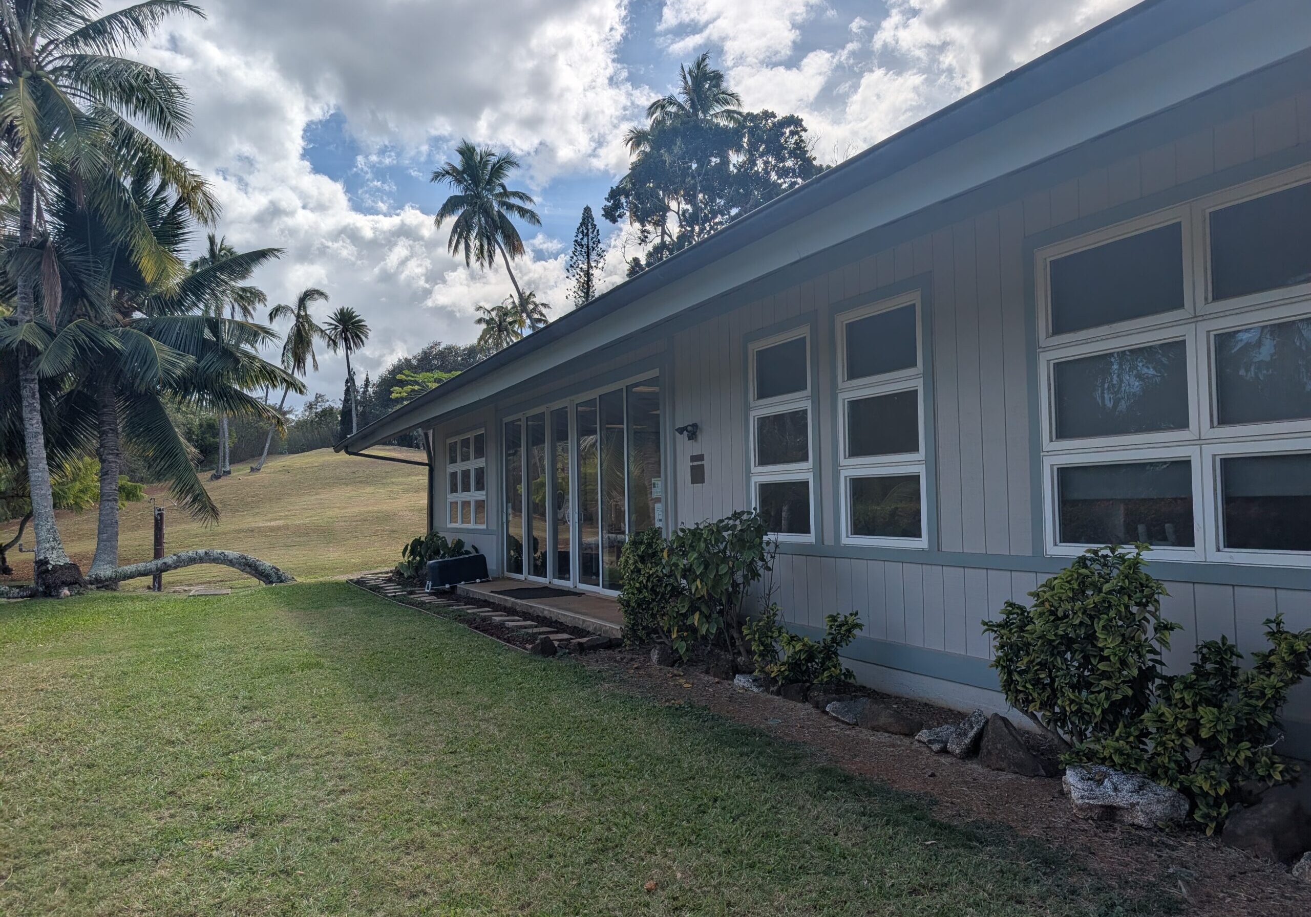 Light blue house with large windows and a patio, surrounded by grass, trees, and palm trees under a cloudy sky.