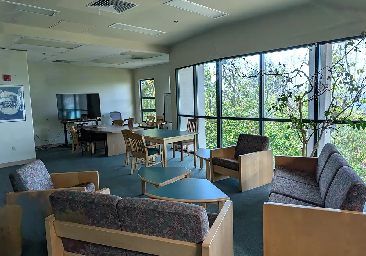 A lounge with sofas, chairs, a coffee table, and large windows overlooking green trees.