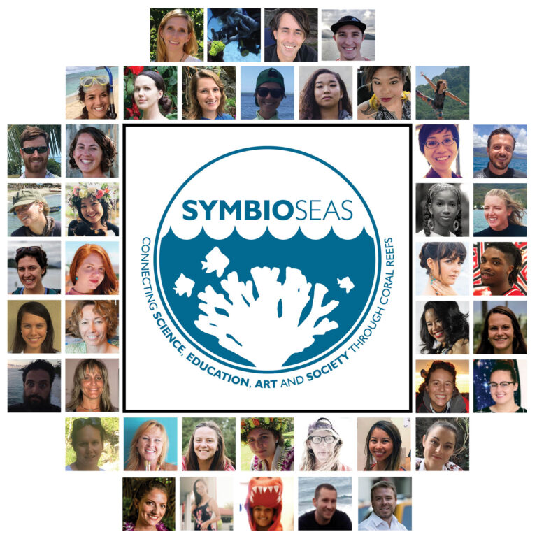 Collage of SymbioSeas team member portraits surrounding the SymbioSeas coral reef logo in the center.