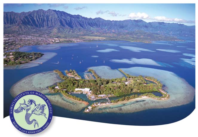 Aerial view of a lush island research facility surrounded by blue ocean, with mountains in the background.