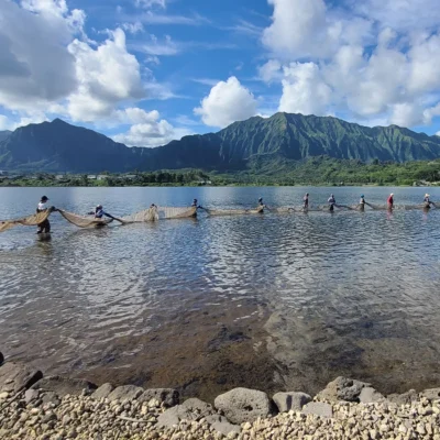 People stand in shallow water, holding a long fishing net with lush mountains and clouds in the background.
