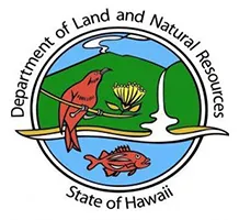 Hawaii DLNR logo with a red bird, yellow flower, red fish, green hill, water, and text around the circle.