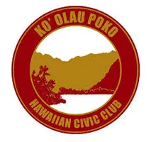 Red and gold circular logo for Ko' olau Poko Hawaiian Civic Club with mountains and trees.