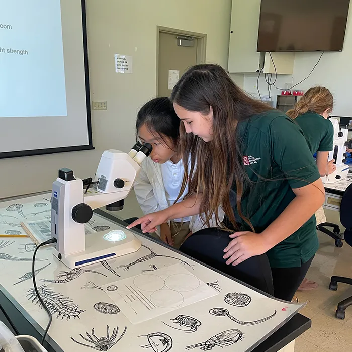 Two students examine a specimen with a microscope in a science classroom, notes and sketches on the table.