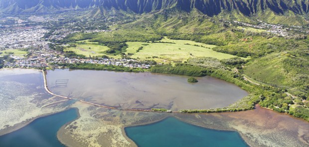 Aerial view of a coastal fishpond, green fields, and mountains in the background under clear skies.