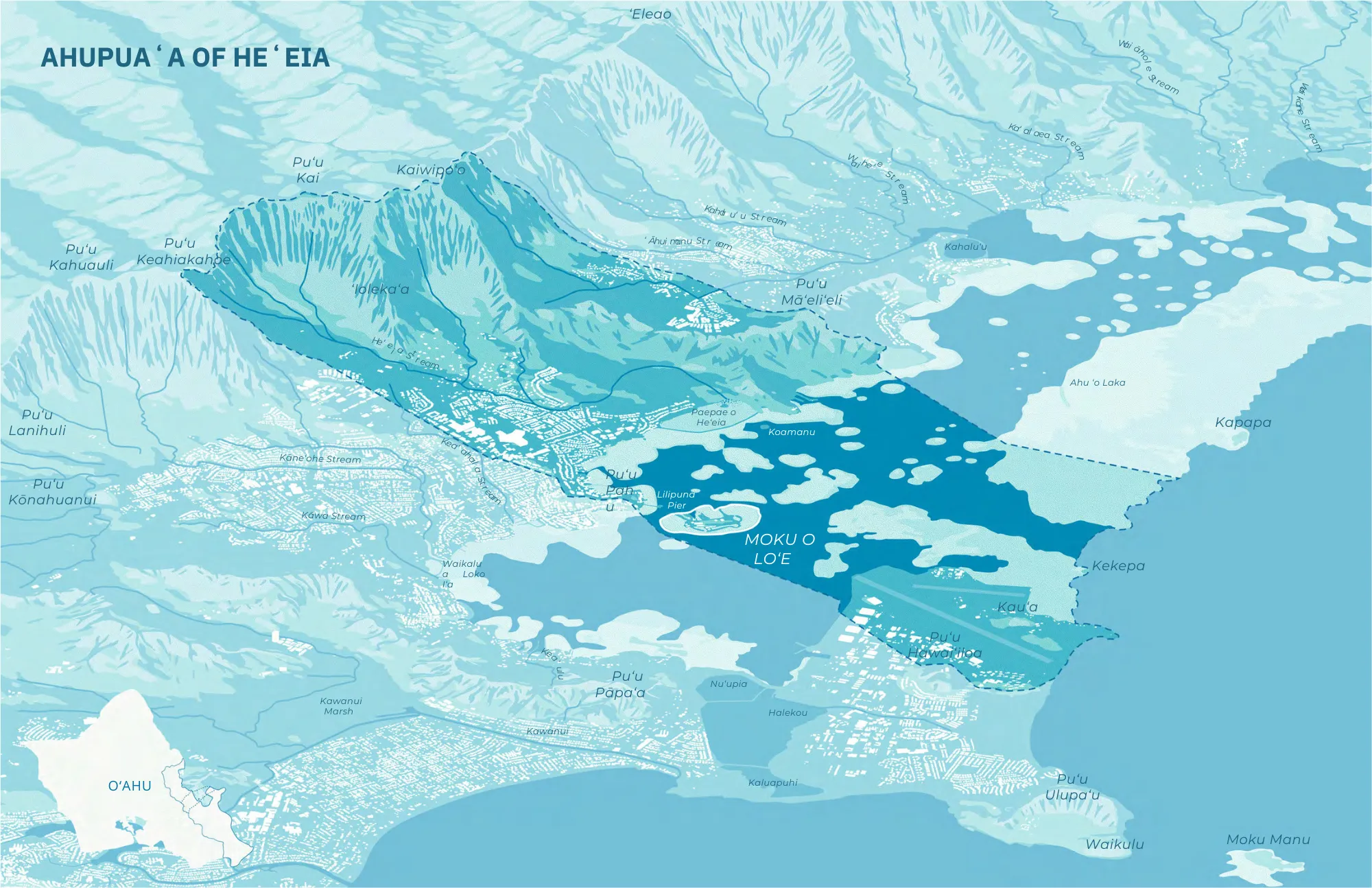 Illustrated map highlighting the Ahupua‘a of He‘eia region and its surrounding mountains and ocean.