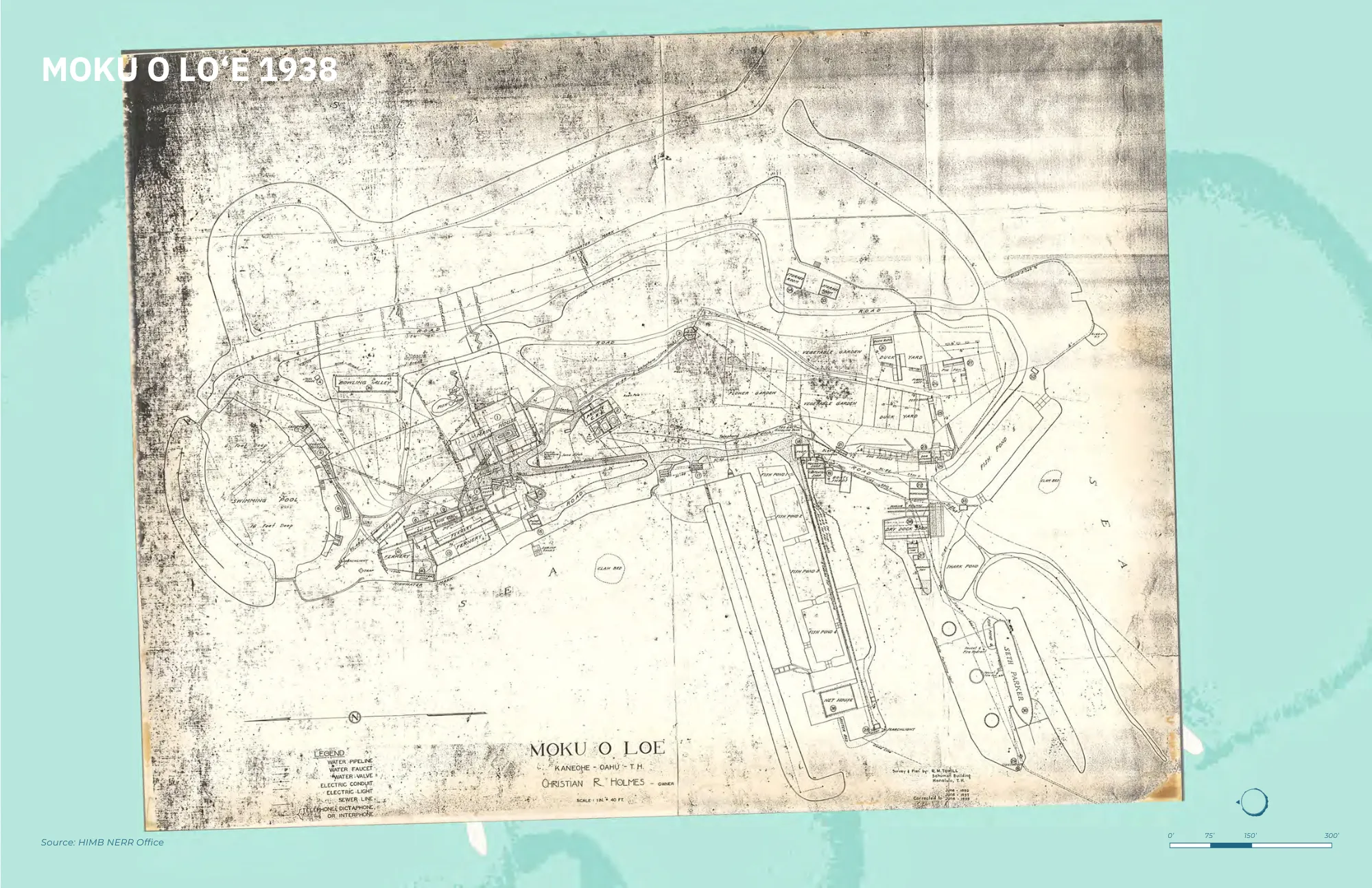A faded, detailed 1938 site map of Moku o Lo’e with labeled structures and pathways on aged paper.