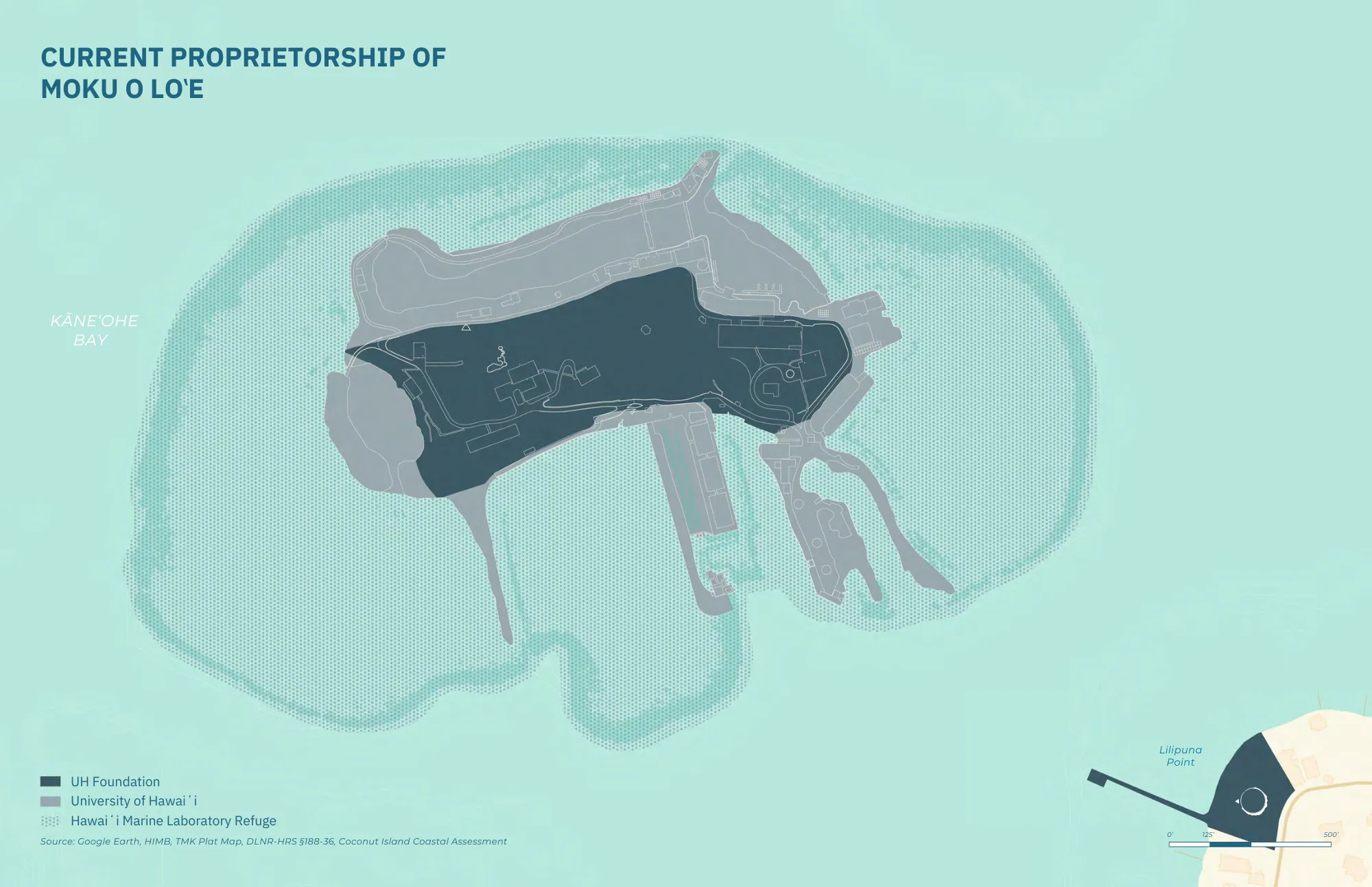 A map showing the current proprietorship of Moku o Loʻe Island in Kāneʻohe Bay, highlighted in dark gray.