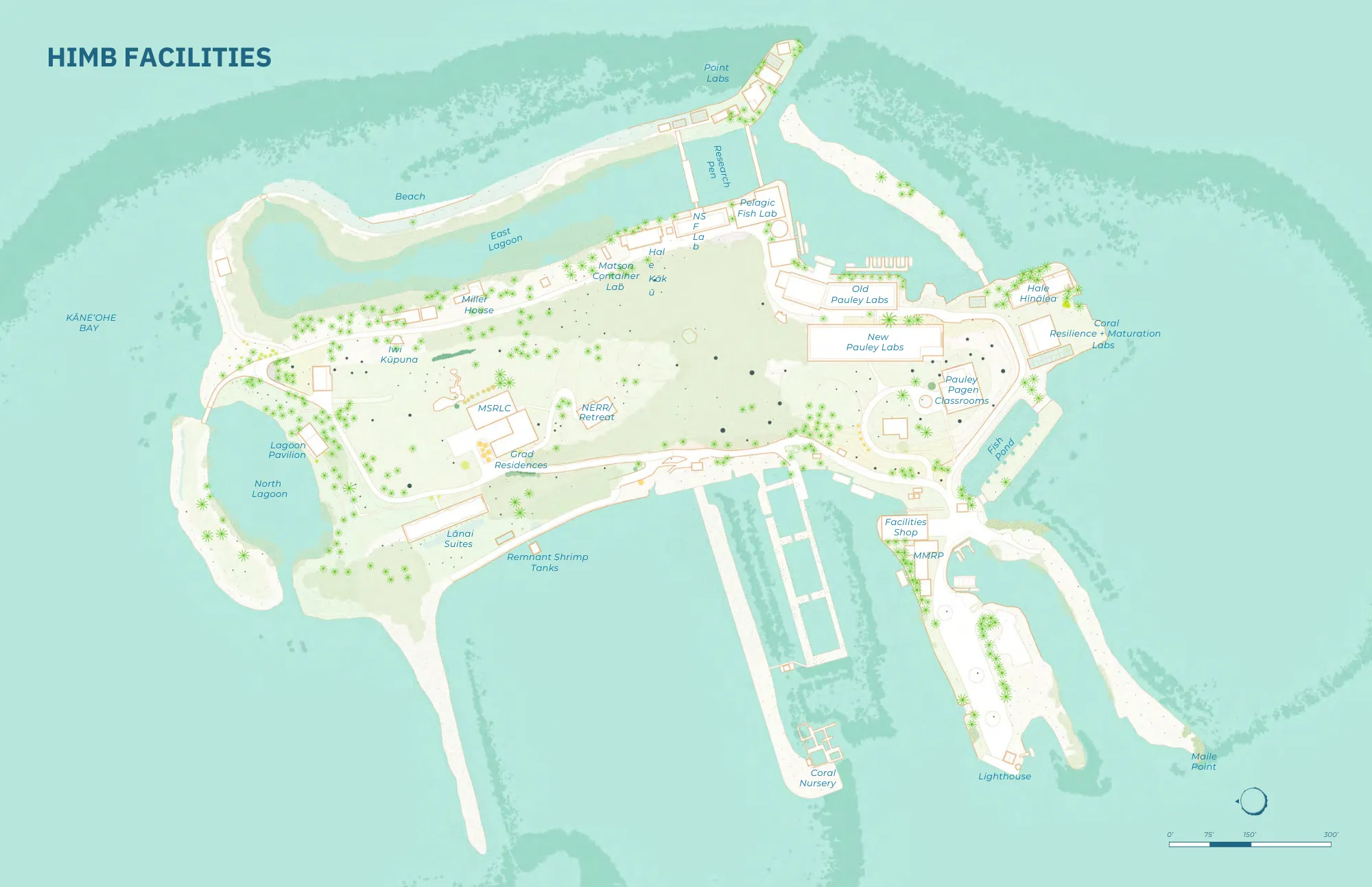 Map of HIMB facilities on a small island, showing buildings, docks, paths, and labeled locations.