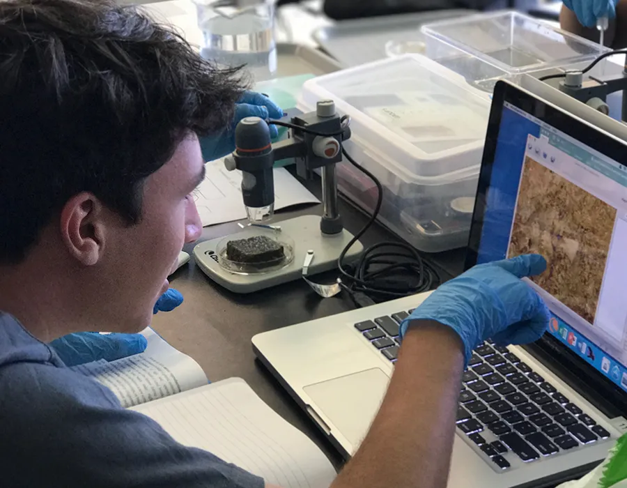 Student wearing blue gloves examines a sample image on a laptop next to a microscope in a lab.