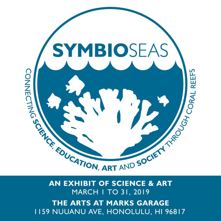 A logo for "SYMBIOSEAS" with coral, fish, and exhibit details for an art and science event in Honolulu, HI.