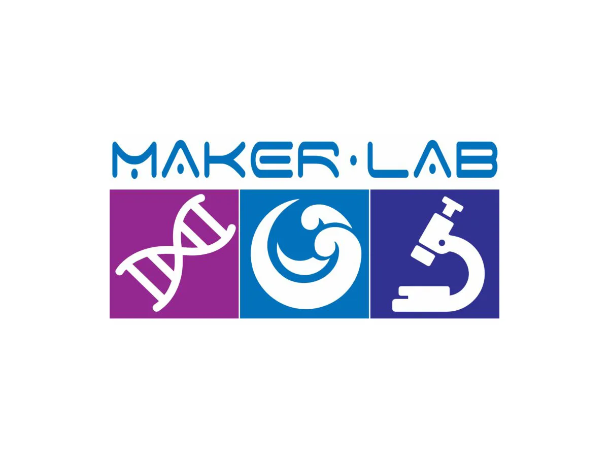 Logo with "Maker Lab" text above icons of a DNA strand, a swirl, and a microscope in colored squares.
