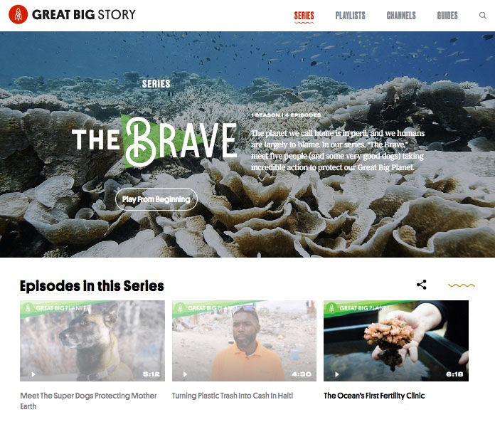 A coral reef underwater with "The Brave" series title and episode options about environmental heroes.